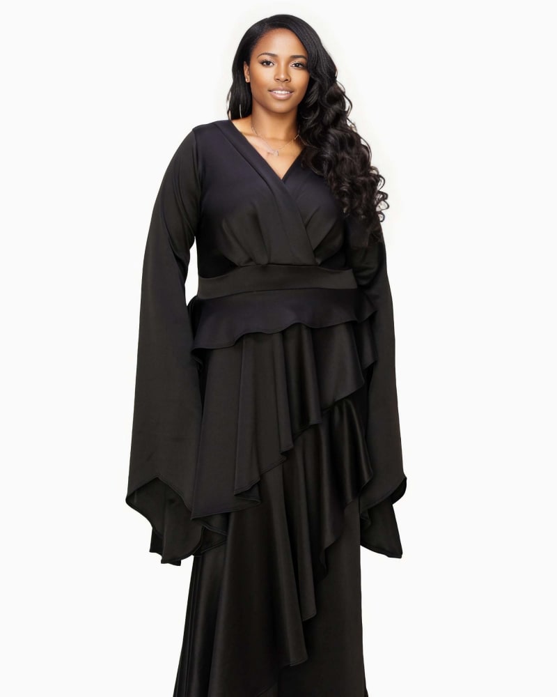 Front of a model wearing a size 1X Zeta Ruffled Drama Dress in Black by L I V D. | dia_product_style_image_id:315253